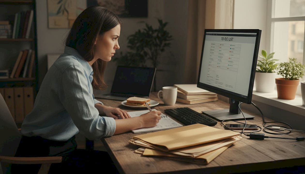 Professional updating priority tasks at home desk