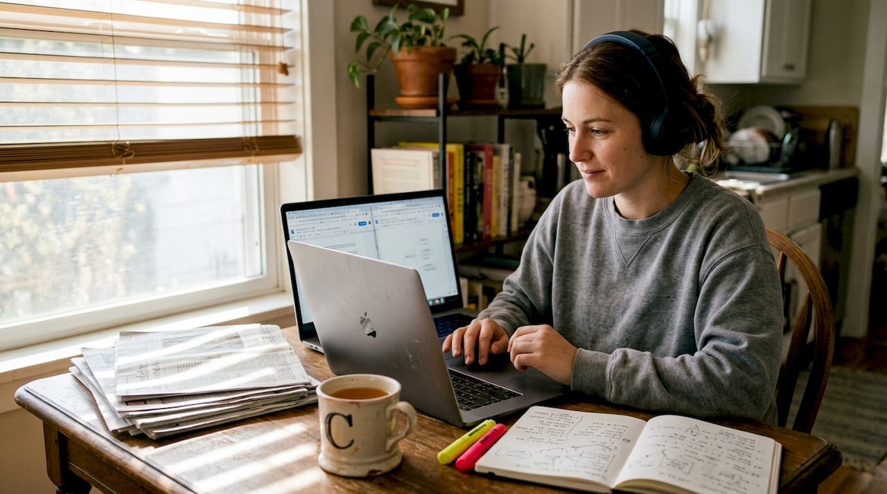 Woman drafting presentation outline at kitchen table