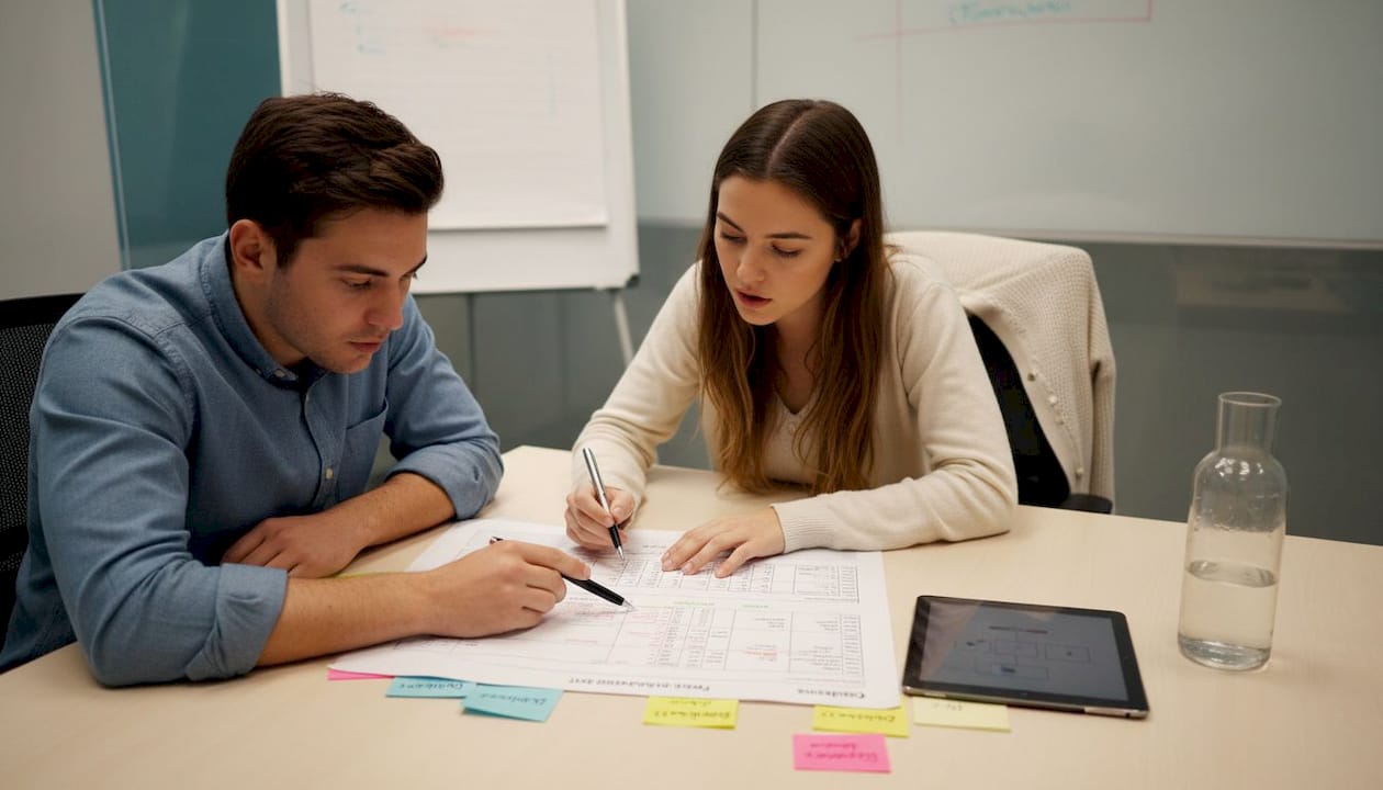 Team reviewing printed project plan template