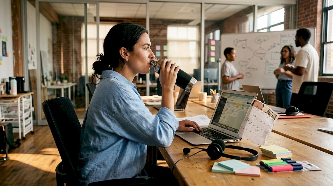 Employee updating tracker in open-plan office
