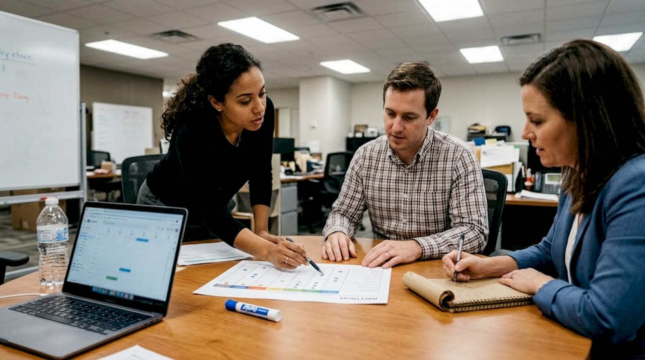 Team collaborating with RACI chart at meeting table