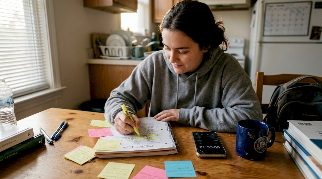 Student planning project at cluttered kitchen table