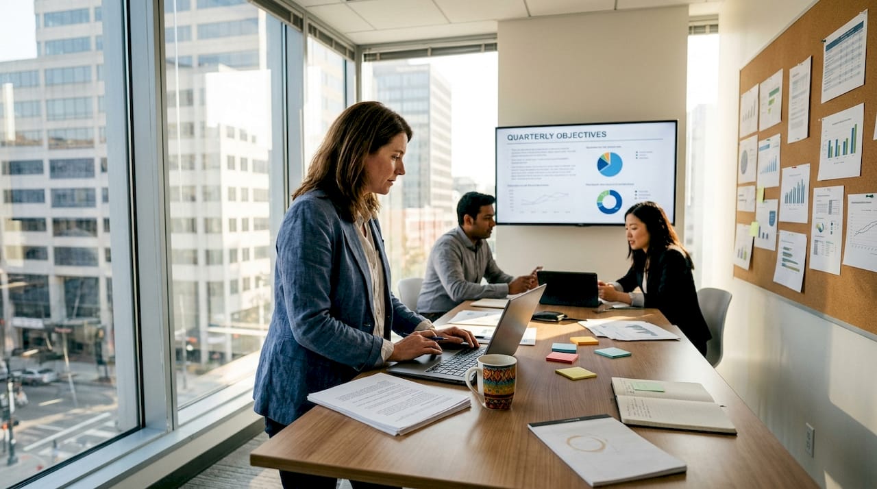 Manager and team collaborating in office
