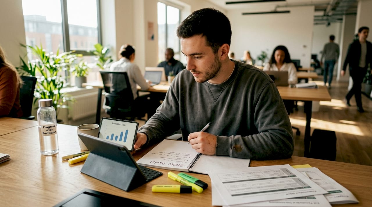 Professional using management frameworks at desk