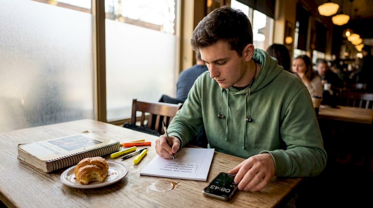 Student sets priorities in busy café