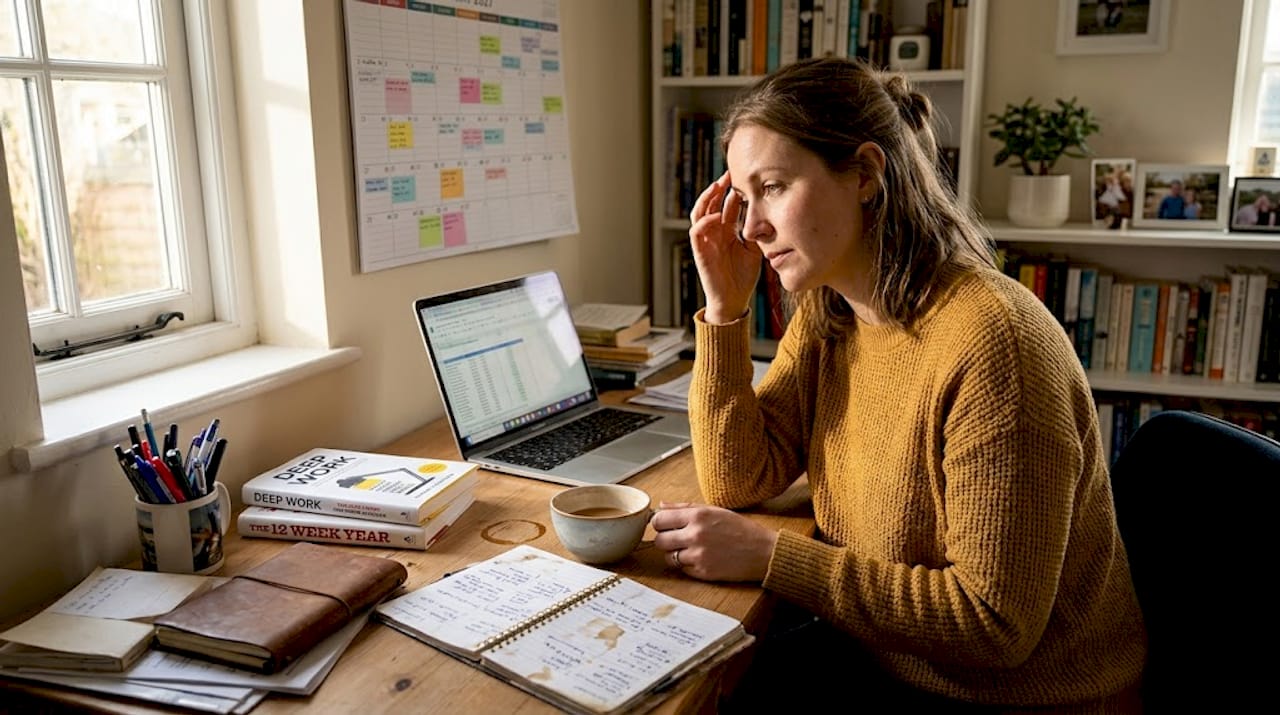 Woman reviews planner at home desk