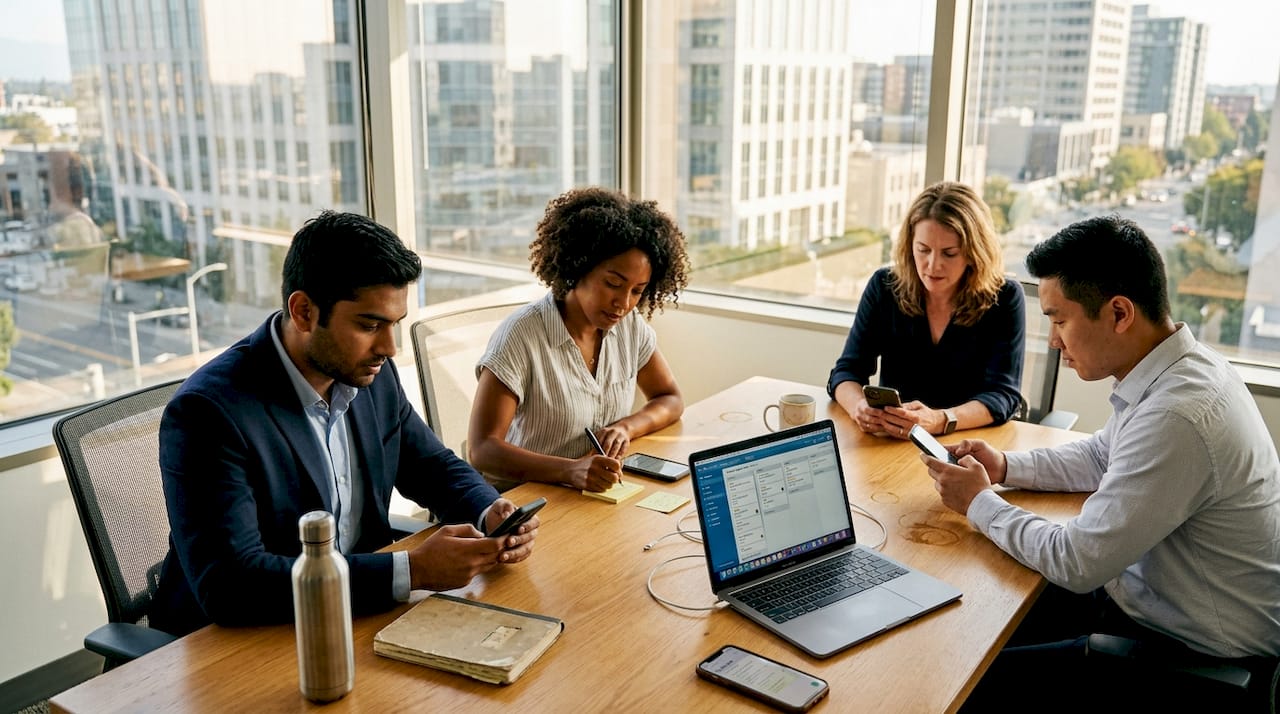 Team using mobile task apps during meeting