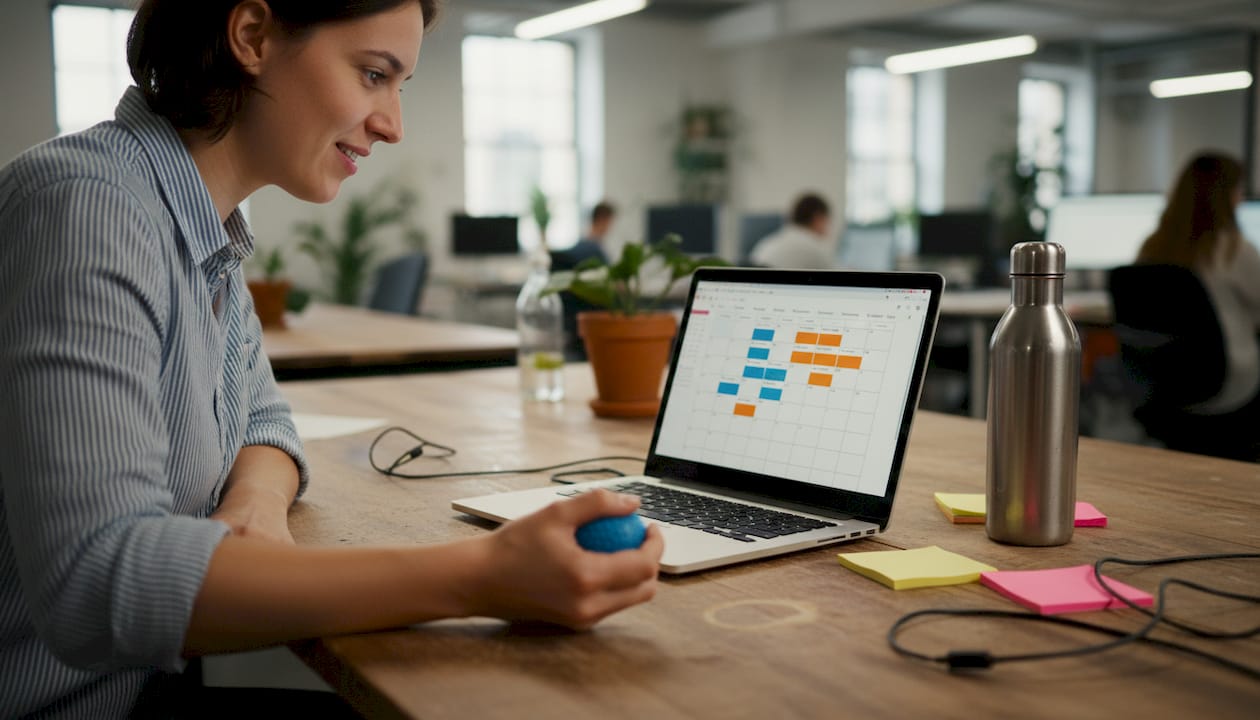 Worker reviewing crowded digital calendar workspace