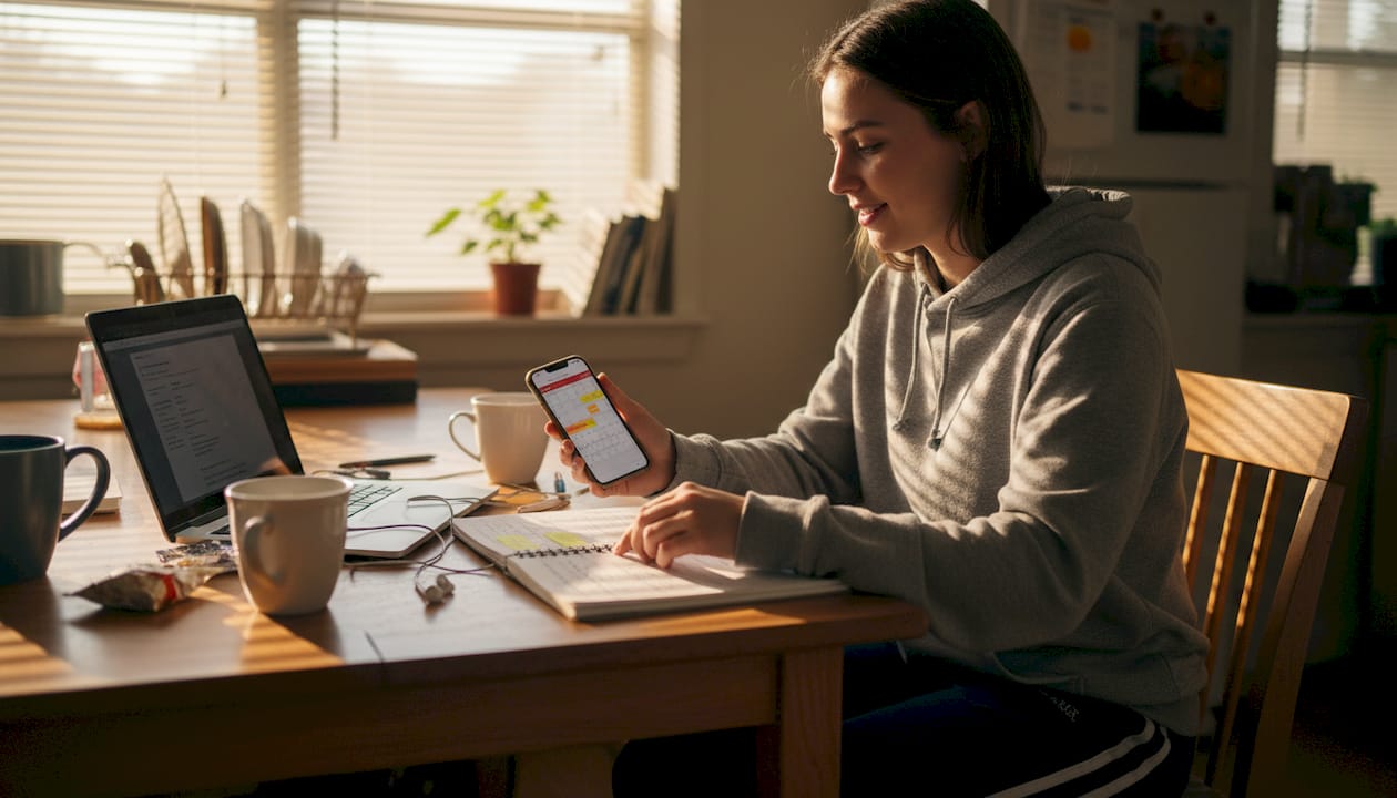 Student managing school and work at kitchen table