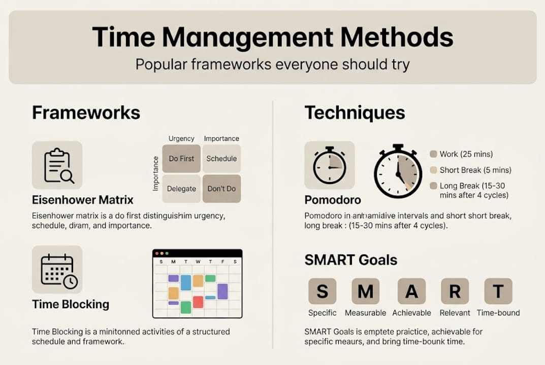 Infographic with time management frameworks and techniques