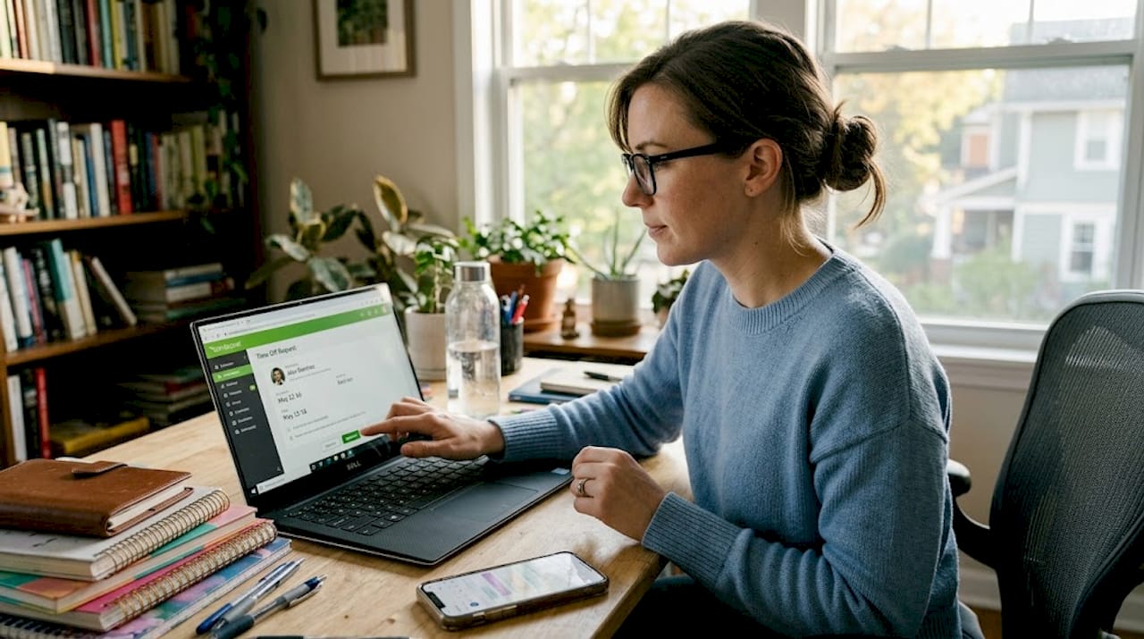 Woman approving time off request at desk
