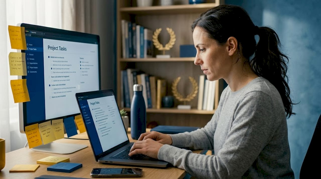 Project manager updating digital to-do list