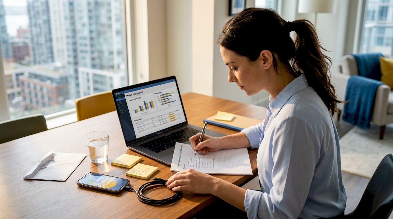 Woman updating project list at kitchen table
