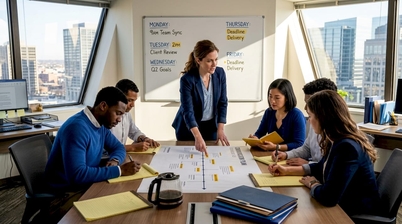 Team discussing communication plan in office