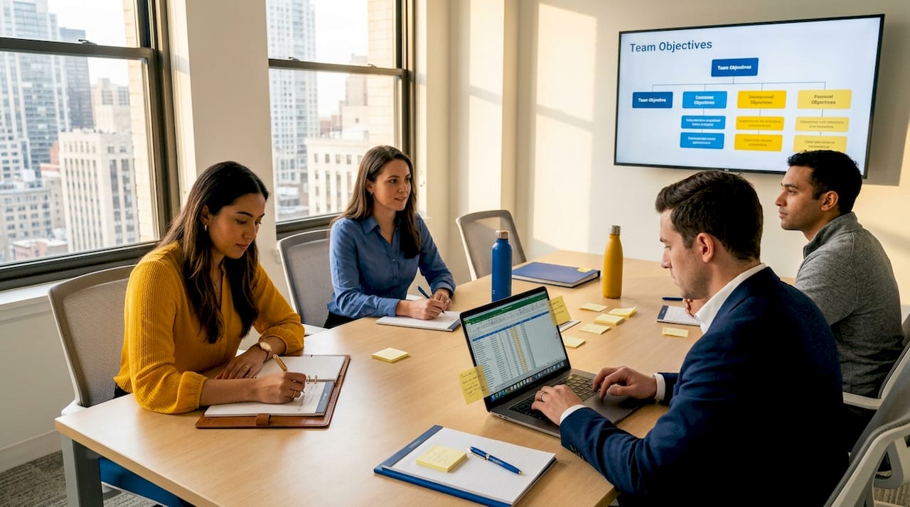 Team aligning objectives in corner office