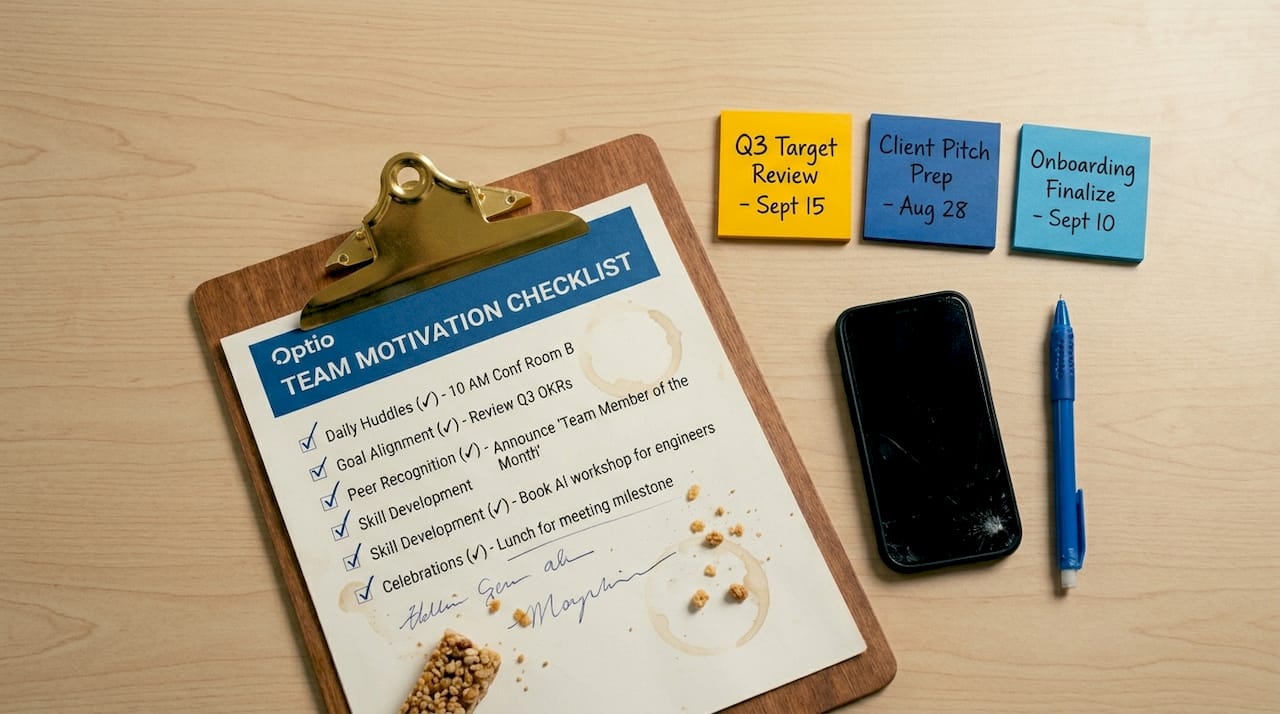 Completed checklist on busy office desk