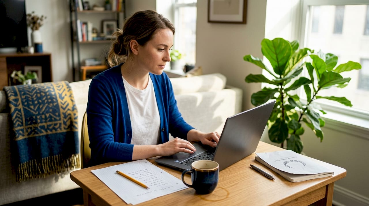 Woman building Excel task list at home desk