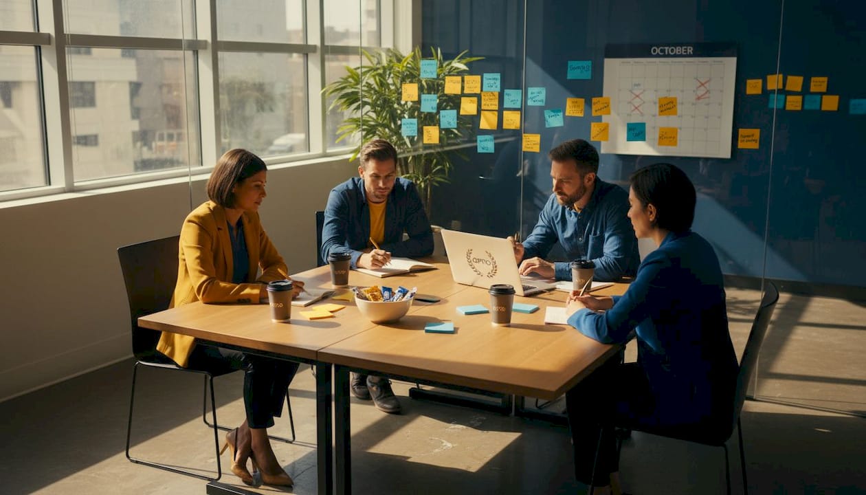 Team brainstorming at office table