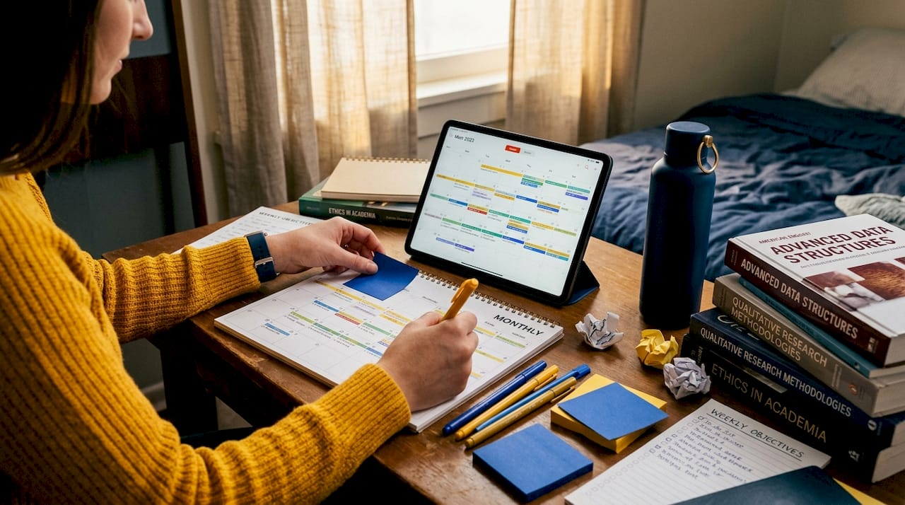 Student color-coding calendar at desk