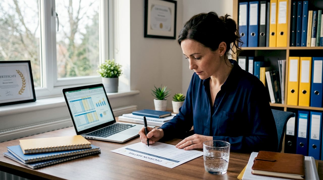 Woman reviewing decision tools at home desk