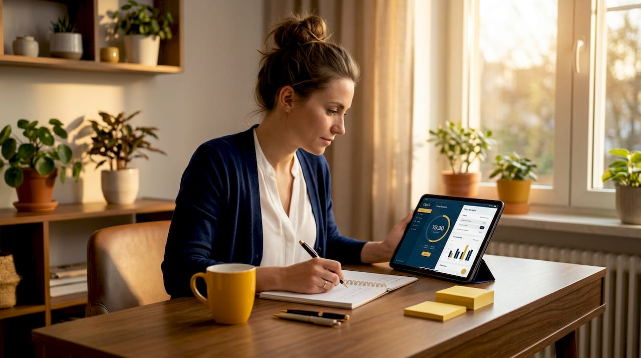 Woman tracking weekly time in home office