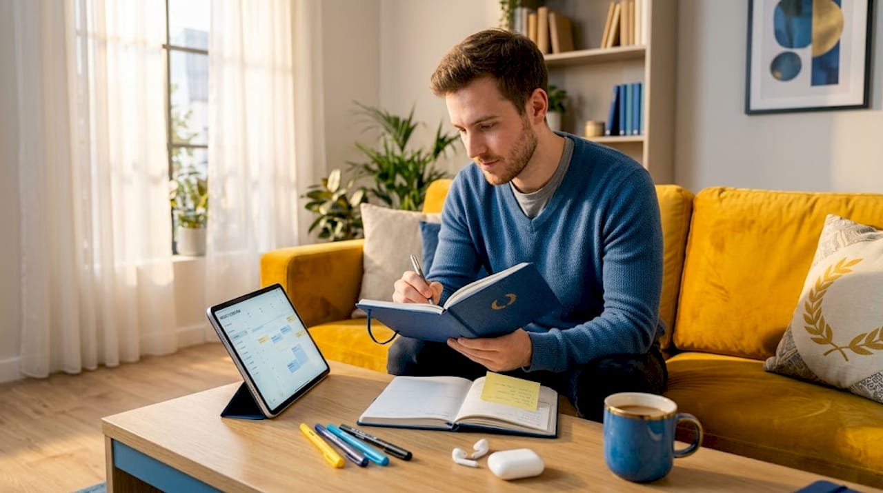 Man planning weekly routine in living room