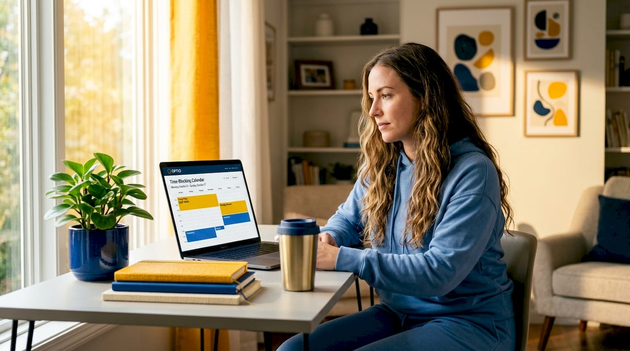 Woman reviews weekly routine in home office