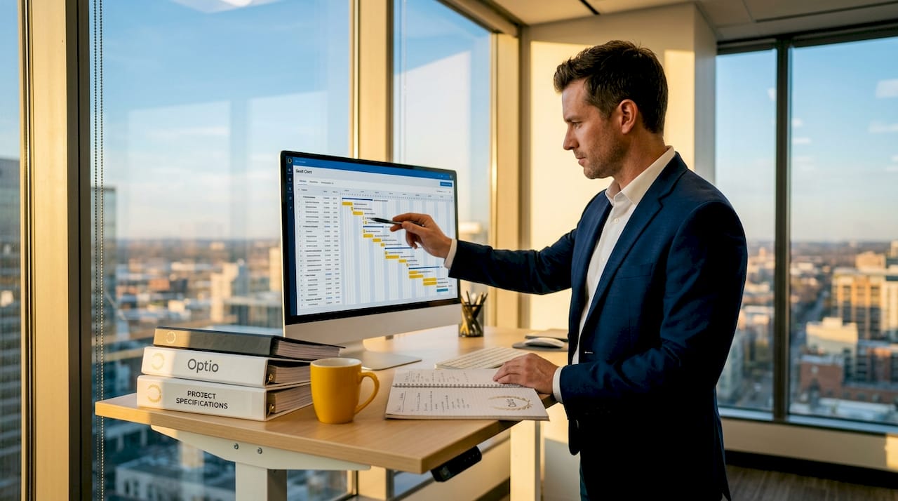 Project manager reviewing Gantt chart at desk