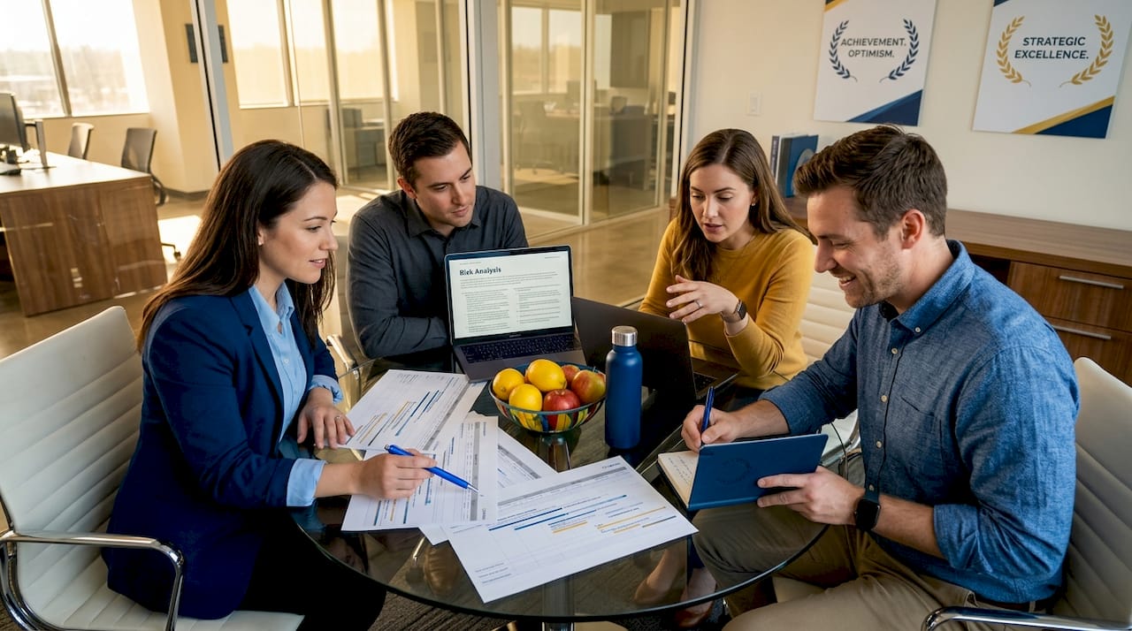 Engineers meeting over project schedules and risks