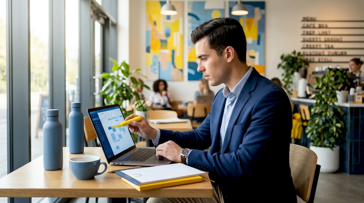 Man updating digital calendar with time blocks