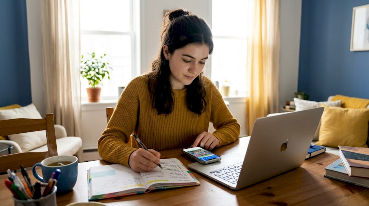 Student organizing task list at kitchen table