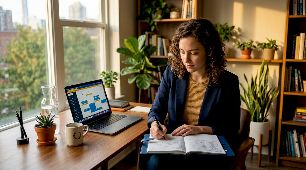 Person planning assignments with checklist and calendar
