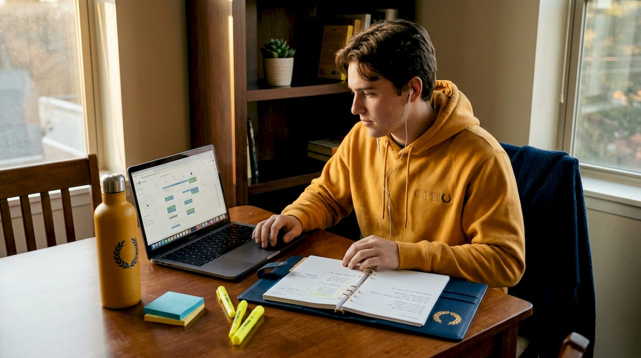Student updating assignment tracker at kitchen table