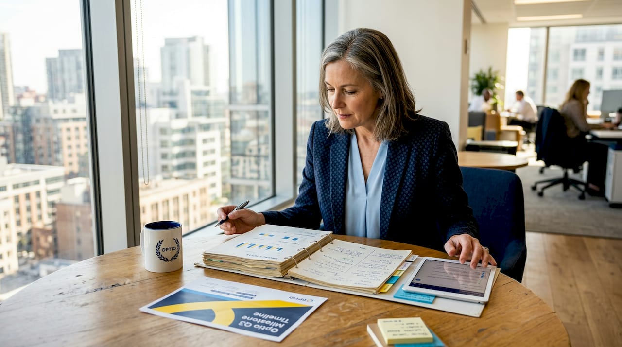 Project management officer reviewing project binder