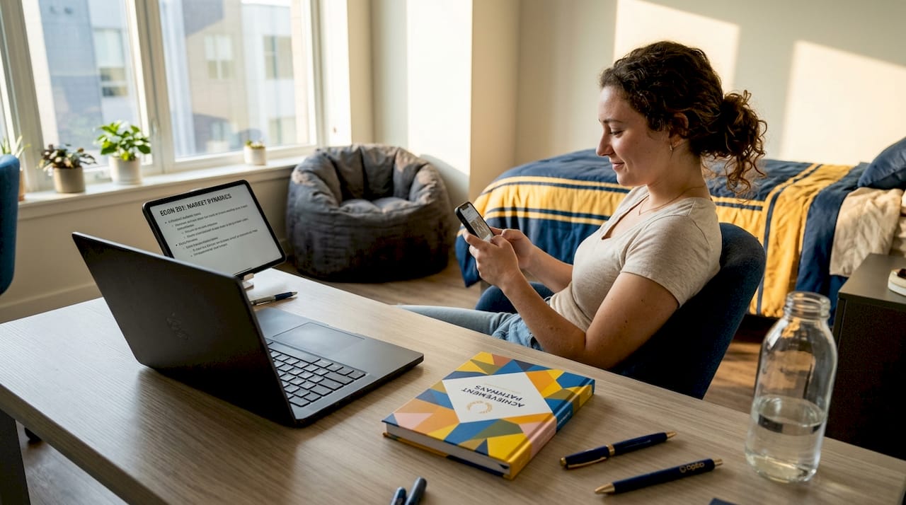 Student distracted by phone at dorm desk