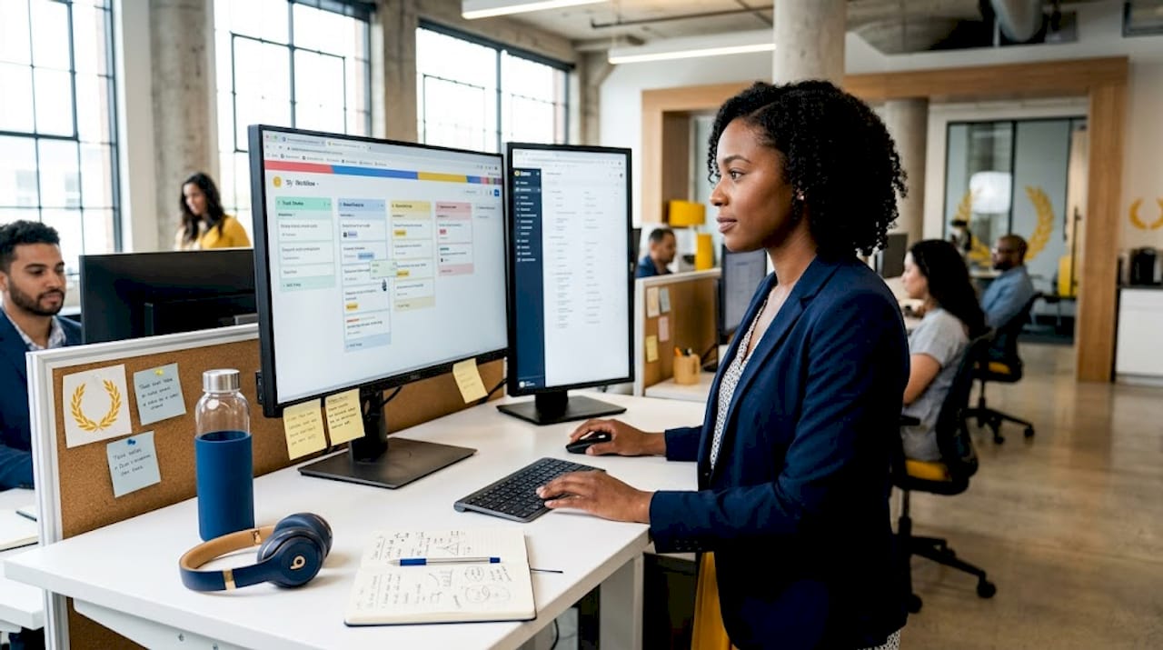 Professional building AI workflow in Taskade office