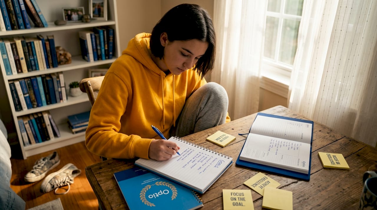 Teen writing goals in home kitchen setting