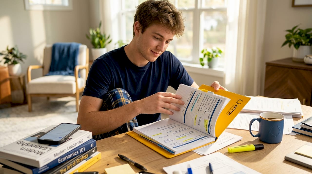 Student organizing planner on cluttered desk