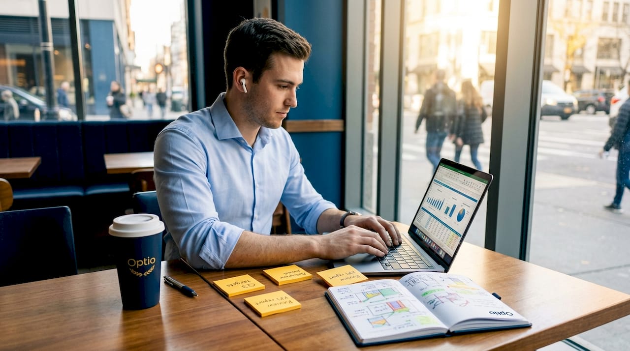 Young professional reviewing progress at co-working desk