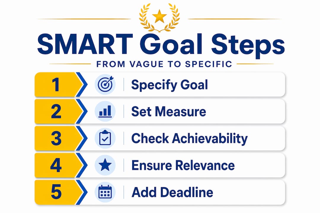 SMART goals infographic showing five step flow