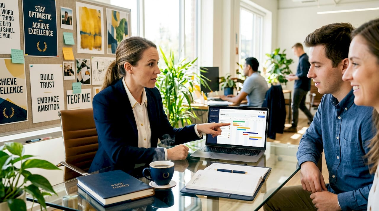 Team leader assigning tasks in office