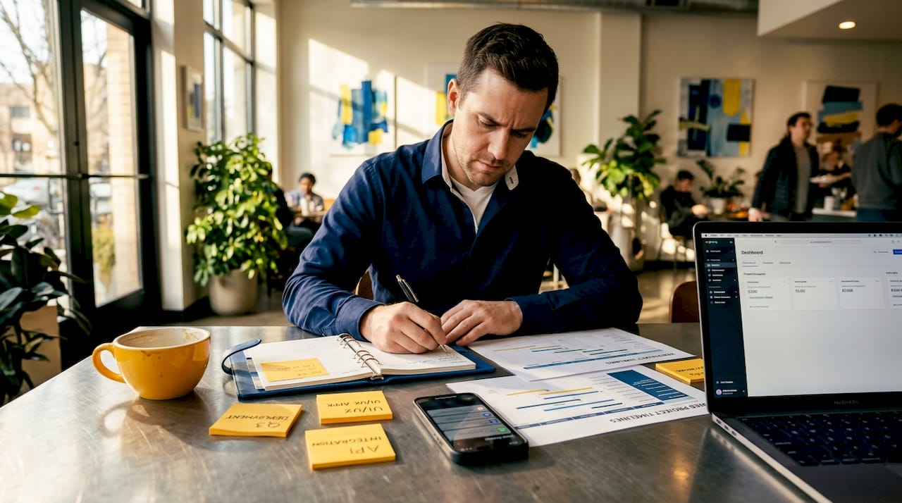 Web project manager reviewing project plans at desk
