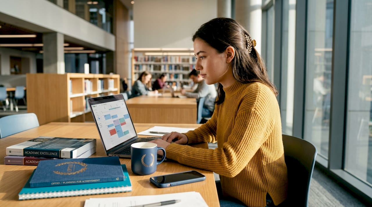 Student studying with laptop and textbooks
