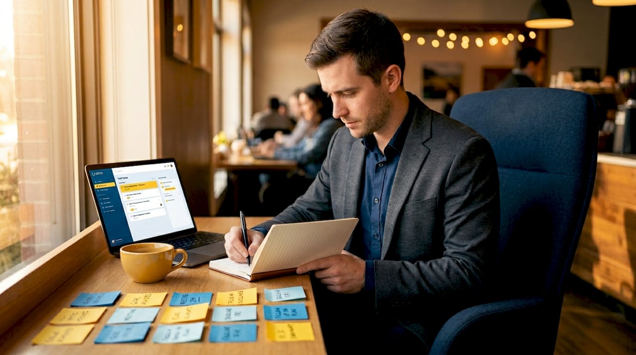 Young professional planning work tasks at desk