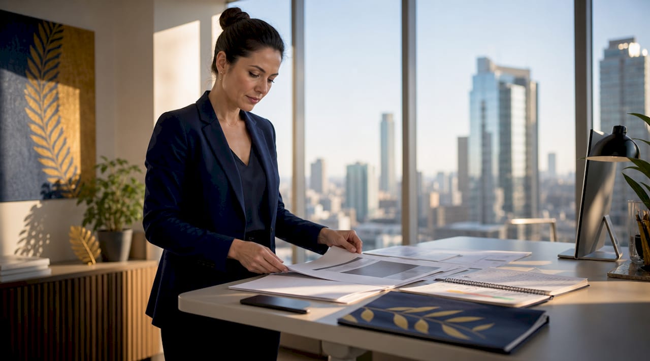 PMO manager reviewing governance documents at desk