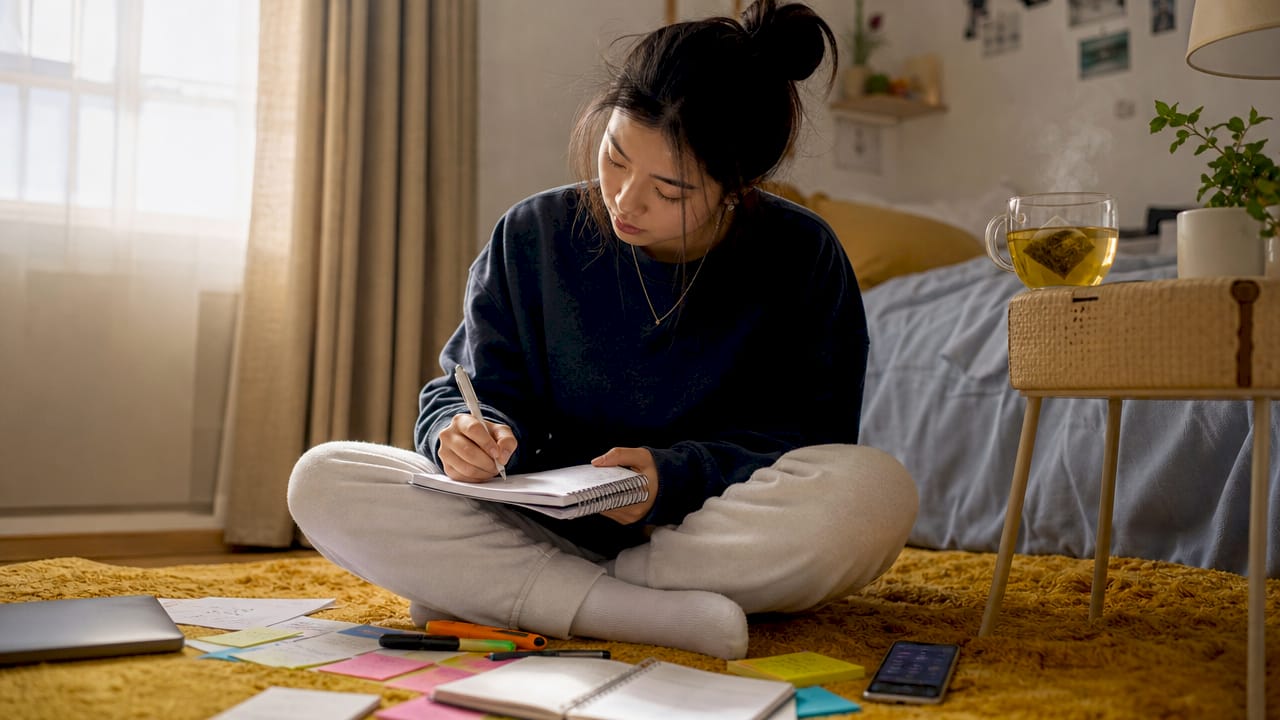 Student organizing semester plan at home