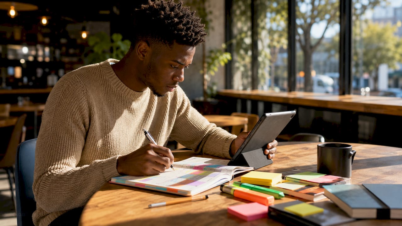 Hands typing on tablet and paper planner nearby