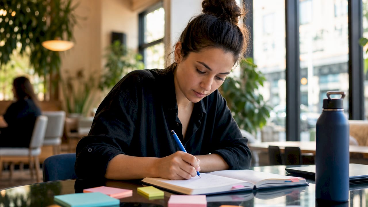 Woman writing deadlines in planner at desk