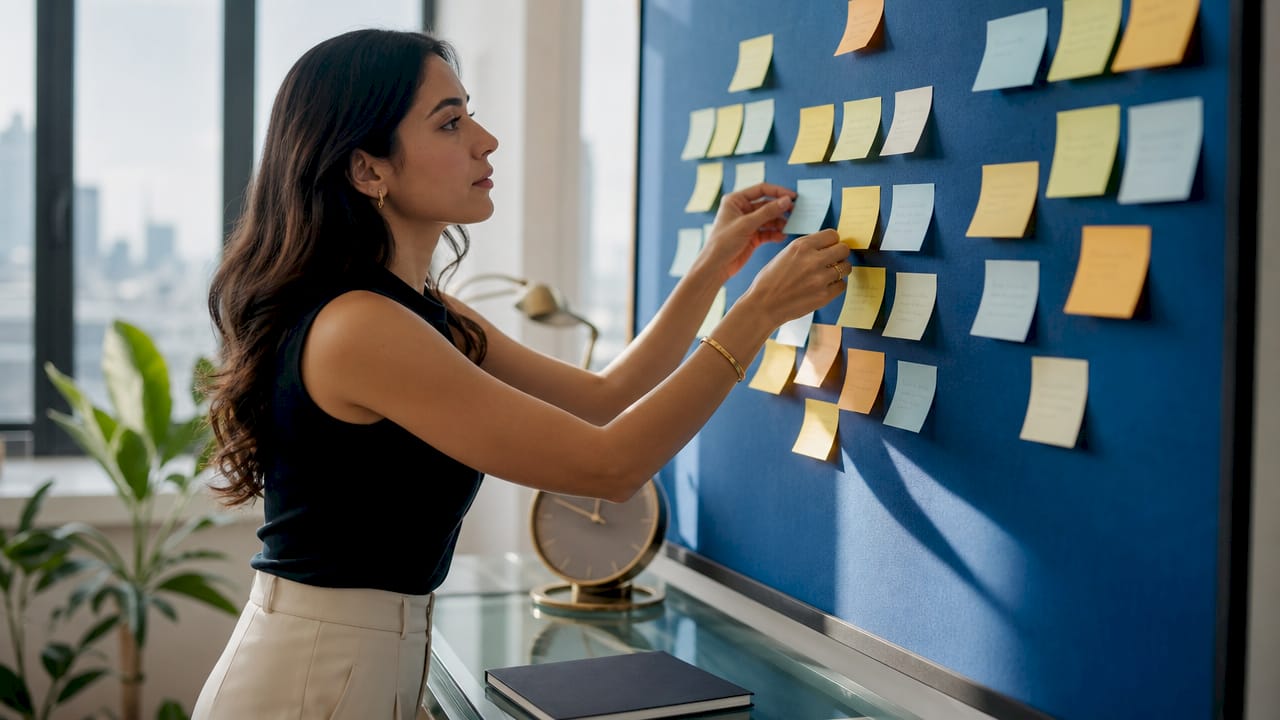 Hands organizing sticky notes on corkboard