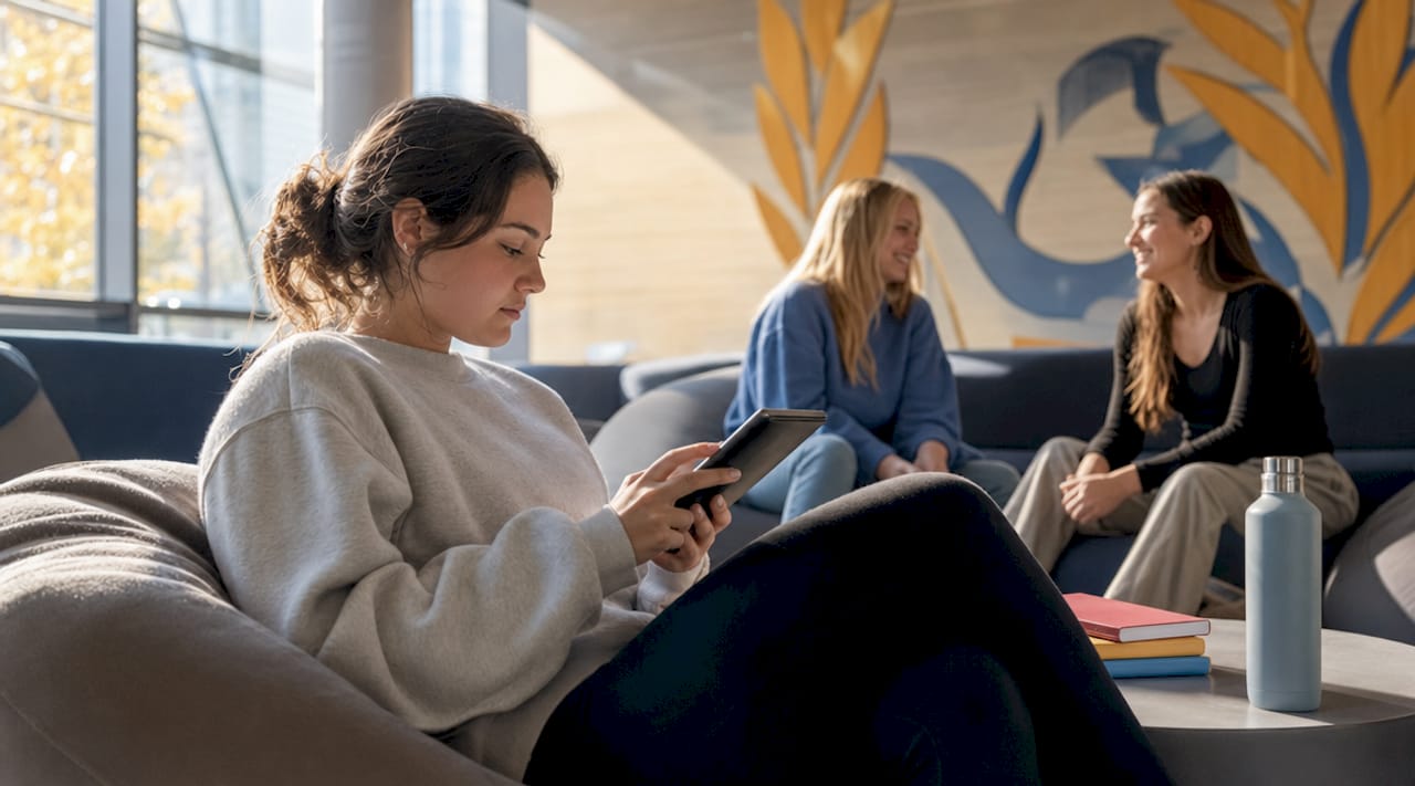 Student studying flashcards on tablet